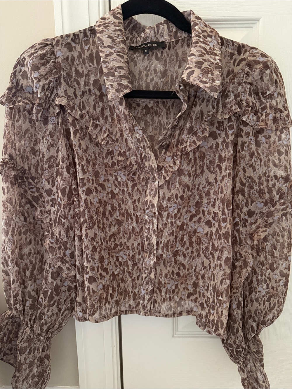 Olivaceous Brown Leopard Print Ruffle Button-Down Blouse
